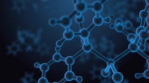 Molecule structure under microscope, floating in fluid with blue background