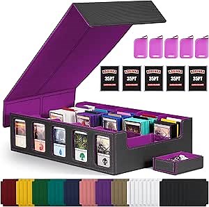 Trading Card Storage Box with Commander Display , 5-Row Deck Case with Removable Lid; 3900+ Card Deck Box for MTG TCG Sports Card, 5 Top Loaders, 5 Stoppers, 48 Dividers,1 Dice Tray (Black Purple)