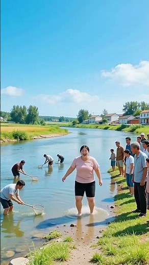 A big fishing scene in the countryside. People gather in the river to catch fish, and the shore