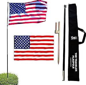 The Traveler Portable Flag Pole Kit. Includes 11ft Telescoping Fiberglass Pole with 1¼” Base, Steel Ground Spike, A Beautiful 3'x5' US Flag And A Storage Bag. For Camping, RV, Beach And Tailgating.