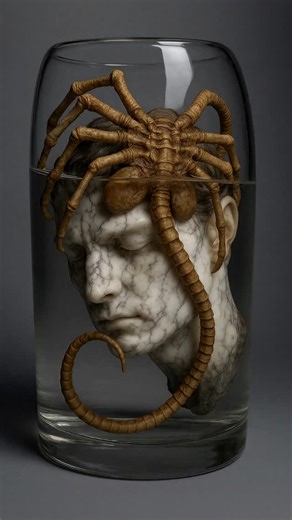 💀 Even a lifeless head can feel terror. In the foreground of a forgotten laboratory, a Face Hugger preserved in formaldehyde coils around what remains of a petrified human. The marble-like veins on the skin silently tell the story of death but this alien creature doesn’t distinguish between the living and the dead, only between host and container. Created with HailuoAI 2.3, this video pushes AI art to the limits of cinematic realism, blending horror, sci-fi, fear, creature, dark fantasy, nightm