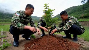 Military personnel from various countries planting a peace tree together in a shared effort toward unity