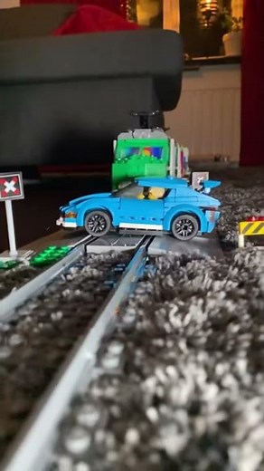 LEGO Train Crashes into Stuck Car - Slow Motion