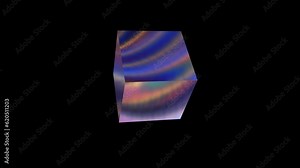 Rotating cube with holographic reflection. 3D animation on a black background.