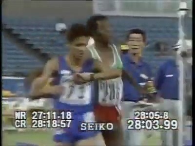 At the 1992 Junior World Championships in Seoul, South Korea, Kenyan runner Josephat Machuka was disqualified from the 10,000m race after punching the Ethiopian athlete Haile Gebrselassie just before the finish line as Gebrselassie sprinted to victory. The unsportsmanlike act, which occurred in the final meters of the race in Seoul, was captured on video and remains a memorable moment in athletics history. Though Machuka and Gebrselassie later resolved their conflict, with Gebrselassie going on 