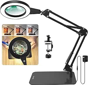 8X Magnifying Glass with Light and Stand, 2-in-1 Real Glass Magnifying Desk Lamp & Clamp, 3 Color Modes Stepless Dimmable, Touch Control LED Lighted Magnifier with Light for Close Works Repair Crafts