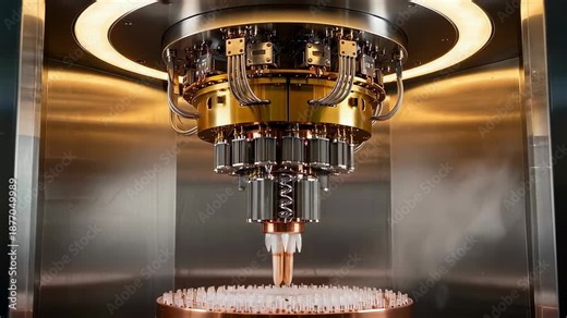 Futuristic quantum computer lowering its advanced superconducting cryostat module to process qubits, with vapor emerging from the cooling system inside a high tech, warmly lit chamber