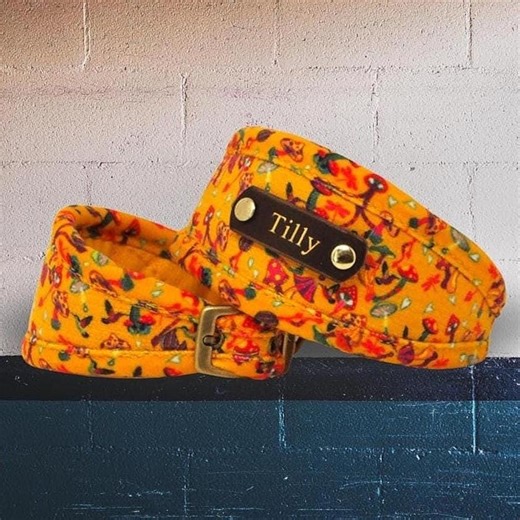 Yellow Mushroom Dog Collar: Vegan Chenille, Whippet, Greyhound, Sighthound or Slim Fit, Optional Personalisation - Etsy UK
