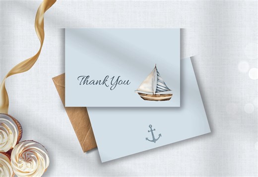 Nautical Sailboat Thank You Card | Watercolor Coastal Editable Template Blue Boy's Theme - Etsy