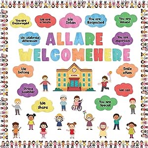 Back to School 131P All are Welcome Bulletin Board Decor Cutouts Diversity Classroom Inspirational Words Diverse Students Borders Cut Outs for First Day of School Inspire Supplies