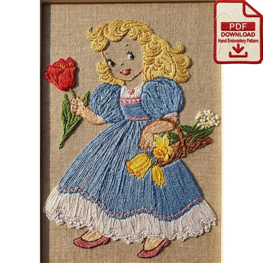 Vintage Girl With Tulips Embroidery Pattern - Restored Retro Design (PDF Download) - Etsy