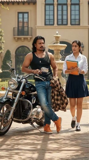 Vicky Roy Mast on Instagram: "Create Full Body and A cinematic street scene in a luxury home courtyard during daytime. A rugged young man with medium-length messy same Hairstyle and light stubble leans against a back cruiser motorcycle, smoking a cigarette. He wears a black sleeveless tank top, blue jeans, orange sneakers, a pendant necklace, and holds a brown checkerqkes shirt in one hand. Beside him, a young woman student walks while looking at him with concern, holding colorful notebooks. She