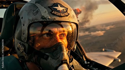 Military pilot in cockpit witnessing massive explosion. Intense aviator amid fiery blasts and aerial combat. Dramatic flight sequence over sunset horizon in action mission.