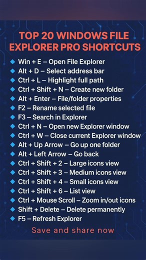 🚀 Boost your productivity with these Top 20 Windows File Explorer Pro Shortcuts! Master these tricks and work like a pro. 💻✨ 👉 Save this post & share with your friends!#WindowsTips #ProductivityHacks #TechTips #FileExplorer #WindowsShortcuts #PCTricks #TechSavvy #WorkSmart #ShortcutKeys #LearnAndShare #fblifestyle | Tech Whiz Ajith