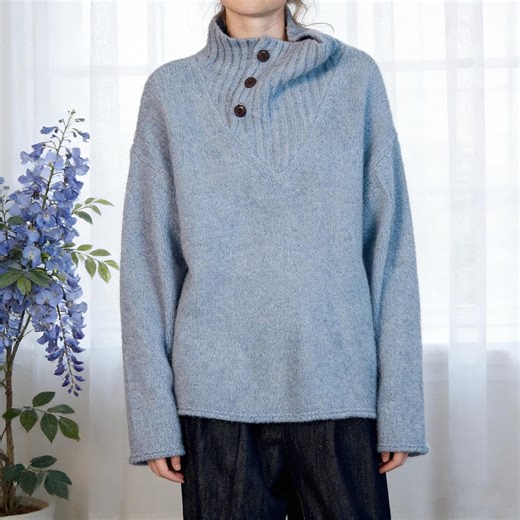 Oversized Light Blue Slouchy Knit Sweater, Foldable Buttoned High Neck Pullover, Cozy Wool Blend Relaxed Fit Women's Jumper, Retro Knitwear - Etsy