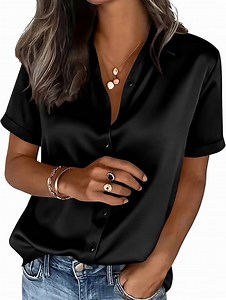 PRETTYGARDEN Womens Summer Button Down Shirts Short Sleeve Work Tops Dressy Satin Blouses Spring Business Casual Outfits