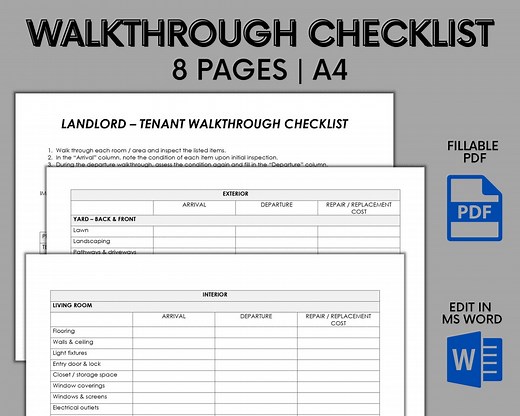 Editable & Printable Walkthrough Inspection Checklist | MS Word Template Moving in and Out Document - Etsy