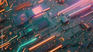 Detailed close-up of a computer motherboard showing circuits, transistors, capacitors, and other electronic components, An abstract representation of the inner workings of a computer chip