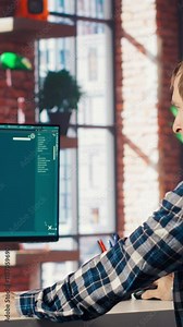 Graphic designer designing UX for AI software turning text prompt into photos. IT specialist in home office using machine learning tech to build text to image AI generative models, camera B
