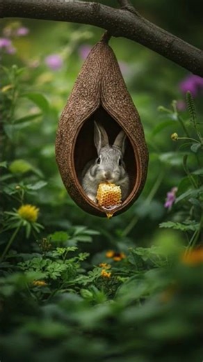 little rabbit secretly eats honey and is cute. little cute pet