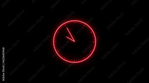 Digital neon clock with glowing neon light. Red circle digital and analog clock looped black background 4k video Animation. Stock Video