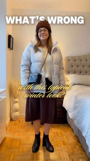 ALEX | EASY BEAUTY & STYLE TIPS on Instagram: "Let’s fix this typical Winter outfit that is comfortable but looks frumpy. It’s all about proportions. The skirt cuts at the widest part of the calves, short boots add more horizontal lines, and that tiny bag throws everything off balance. To fix it: – Choose a longer skirt and black tights to match your boots – Or switch to tall boots for a longer, slimmer look – Balance the look with a larger bag – Trade the puffer jacket for a structured wool coa