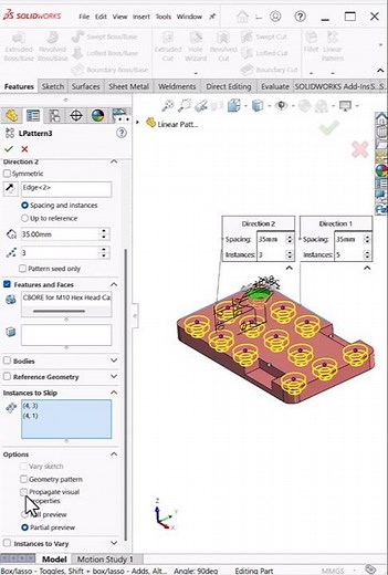 Linear Pattern in SolidWorks | Propagate Visual Properties + Skip Items | #shorts