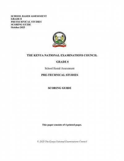 Grade 8 KNEC Pretechnical Studies — SBA 2025: Questions & Marking scheme download pdf#CBC#CBE