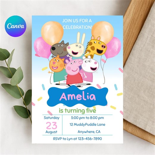 Peppa Pig Inspired Birthday Invitation | Editable Digital Download | Canva Template | Printable Invite - Etsy