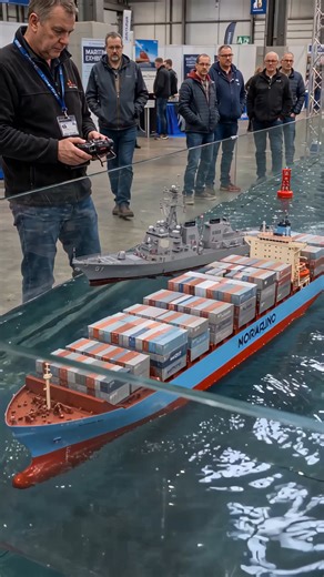 This RC destroyer smoothly escorts a container ship through the miniature channel like a real maritime security operation. The moving water, navigation buoys, and detailed ships make it feel like an actual sea convoy happening right in front of you. The realism here is seriously next level. #fblifestyle #fblifestyle #RCNavy #RCShips #ScaleModel #MaritimeExhibition | Klicme.com