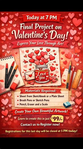 Preet Kaur on Instagram: "❤️ Valentine’s Day Special – Final Project Today! ❤️ Express your love through art in our Valentine’s Theme Final Project Session 🌹✨ 🕖 Today at 7:00 PM 🎨 Create a beautiful artwork by your own with simple materials and expert guidance. 🖌️ Materials Required: • Sheet from sketchbook / plain sheet • Brush pens or sketch pens • Pencil, eraser & scale 💰 Learn to create this in just ₹99/- ⏰ Last day alert! 📌 Registrations will be closed at 5 PM today 📩 DM / Contact us