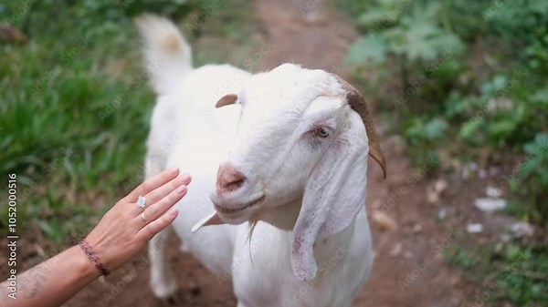 Close up of a woman hand petting a Nubian white goat standing in a village. The goat has floppy ears and a cute face. A goat on a farm that gives milk. Domestic animals on a farm on a walk.