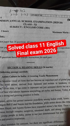 class 11 english answer key 2026 / english paper solution 2025- 26 / annual exam 2025-26 / doe