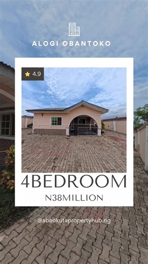FOR SALE:━ A spacious barely used 4Bedroom Bungalow at Alogi-Obantoko, Abeokuta. ──── ━ 4 Inverter AC inclusive. ━ Built on standard 1 plot of land. ━ Interlocked Compound. ━ All rooms Ensuite. ━ Borehole. ━ Fully POP. ━ Modern POP lightning. ━ 4th House to the tarred road. Documents: ━ Certified true copy of land size and ownership papers. ━ Govt Approved structural plan. ──── Price: N38,000,000.00 (Thirty-Eight Million Naira). ──── For further enquiry kindly send a dm or call 2347030438854. We