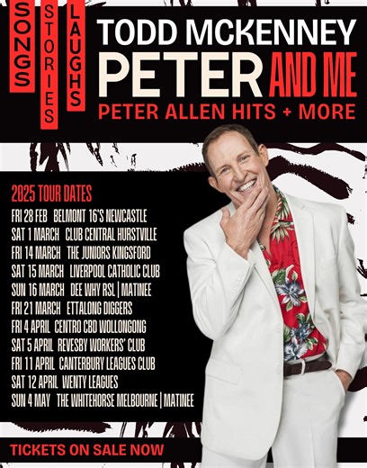 MY NEW TOUR IS ON SALE FROM TODAY! Let’s celebrate our Boy From Oz - PETER ALLEN in my show ‘Peter and Me’ at select venues in NSW and one cheeky Melbourne show in 2025. These shows are so much fun and they sell out quickly. So book now. Tickets are on sale now and strictly limited so don't miss out!! It's the perfect Xmas pressie xxx TOUR DATES & TICKET LINKS: FRI 28 FEBRUARY | BELMONT 16's NEWCASTLE - TICKETS: https://www.trybooking.com/events/landing/1324366 SAT 1 MARCH | CLUB CENTRAL HURSTVI