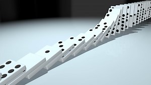 Download Domino effect. White dominoes falling on a gray surface. 3D animation for free