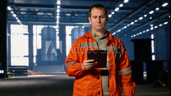 Workforce technician walking on factory floor using tablet equipment as sparks rise from welding areas, demonstrating professional control of operation and industrial plant development. Camera B.