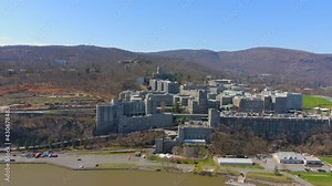 Aerial Pull Back Arc Shot of the United States Military Academy at West Point - Part 1
