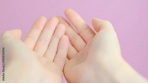 Begging hands. POV view. Close up. Woman showing open palms of hands. Gesture of help. Giving or receiving gesture. Hands offering something