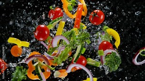 Fresh vegetables with water droplets exploding on black background. Filmed on high speed cinema camera, 1000fps.