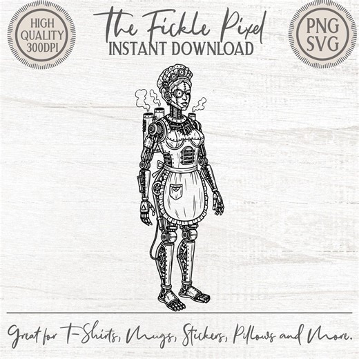 Steampunk Robot Maid PNG SVG | Black & White Line Art | T-Shirt dtf DTG Sublimation