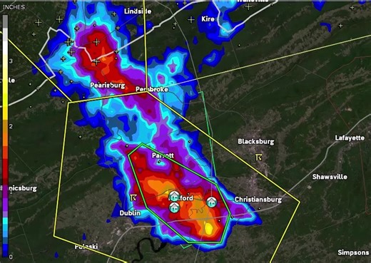 Rain rates of >3"/hr near Radford, Virginia have spiked a Flood Warning and reports of street/road flooding. | WeatherMatrix
