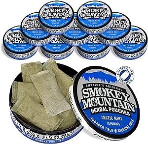 Smokey Mountain Caffeinated Pouches - Arctic Mint - Tobacco Free and Nicotine Free - 10 Can Box - 15 Pouches Per Can
