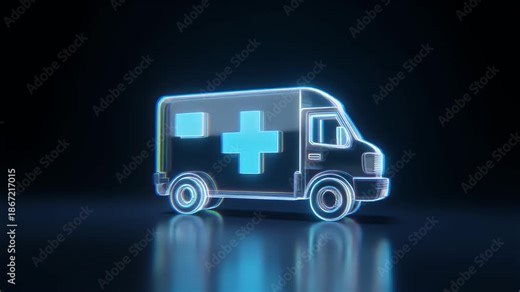Glowing blue medical ambulance icon with emergency cross, symbolizing healthcare and urgent assistance on a dark reflective background