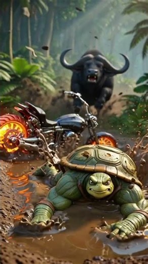 Muscular Turtle vs Angry Buffalo 🐢🔥 | Jungle Fight Turns into Mud Disaster!#shorts