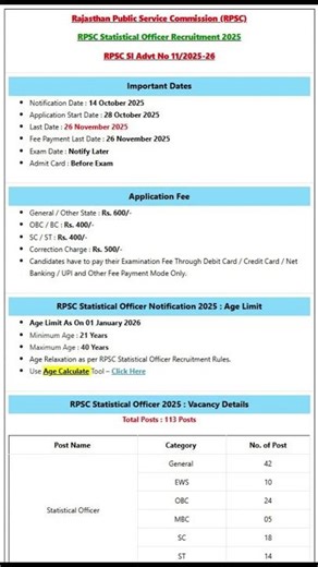 Rajasthan Public Service Commission (RPSC) Exam form 2025 -Total Posts : 113 Posts