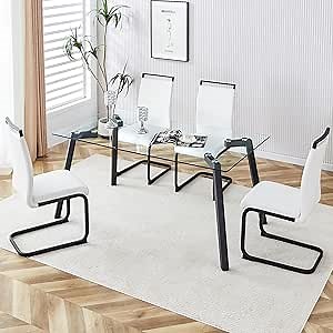 MEMUY Glass Dining Table Set, Rectangle Tempered Glass Top with Black Metal Legs, 63" Dining Room Table with 4 White Chairs