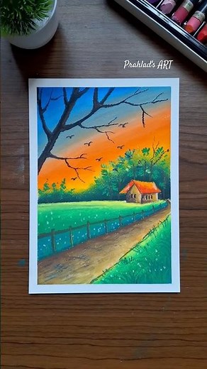 🌄 Beautiful Sunset Landscape Drawing with Oil Pastels