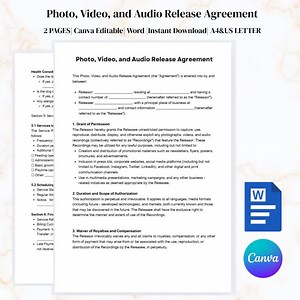 Photo, Video, Audio Release Agreement Template | Editable Canva & Word Contract | A4, US Letter Legal Form | Media Release Form - Etsy UK