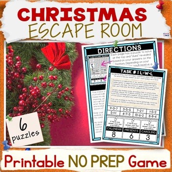 Christmas Escape Room Printable 6 Puzzles Activity Breakout Game